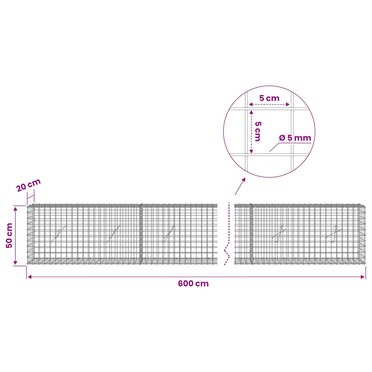 Gabion with 5 mm Wire and 5x5 cm Mesh 600x20x50 cm