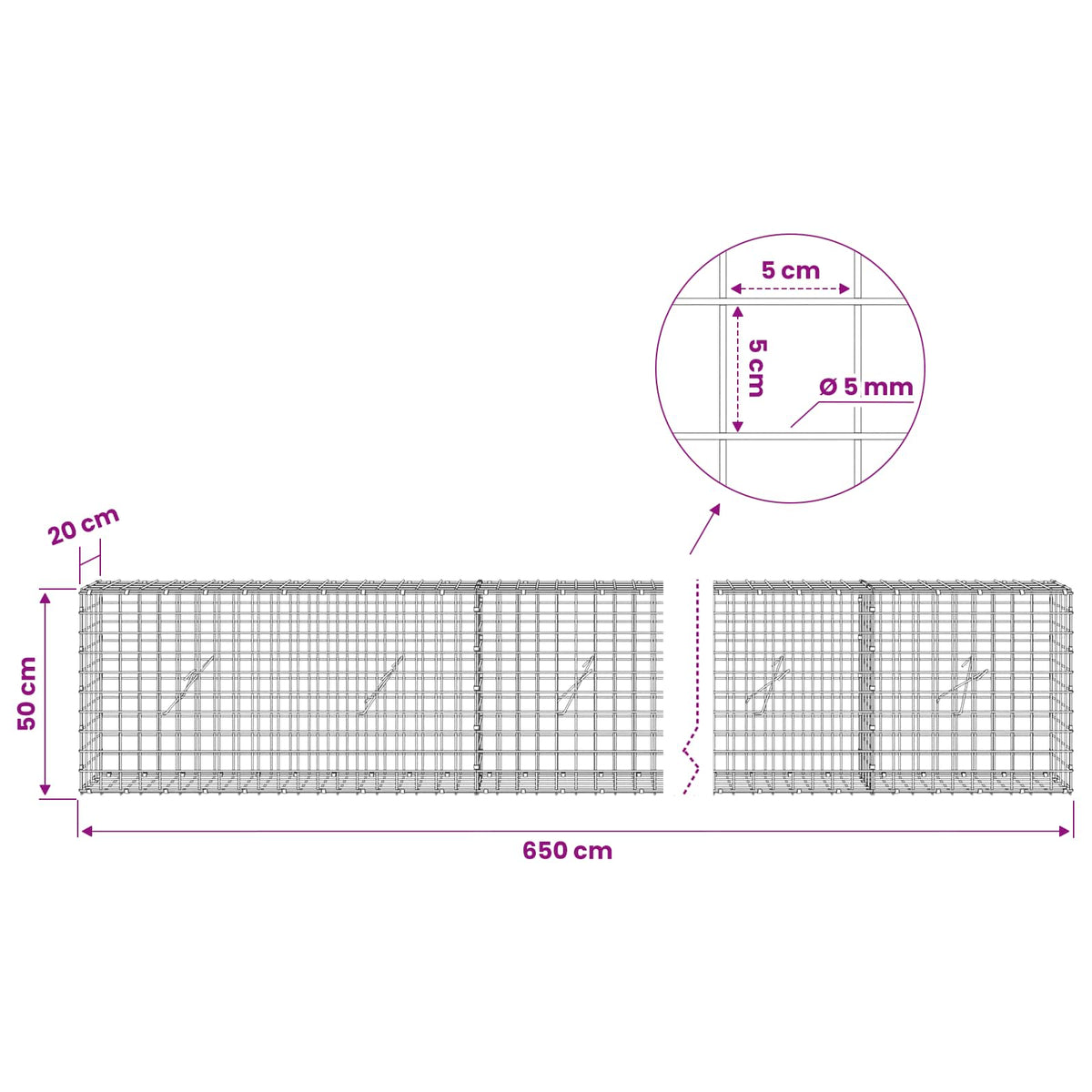 Gabion with 5 mm Wire and 5x5 cm Mesh 650x20x50 cm