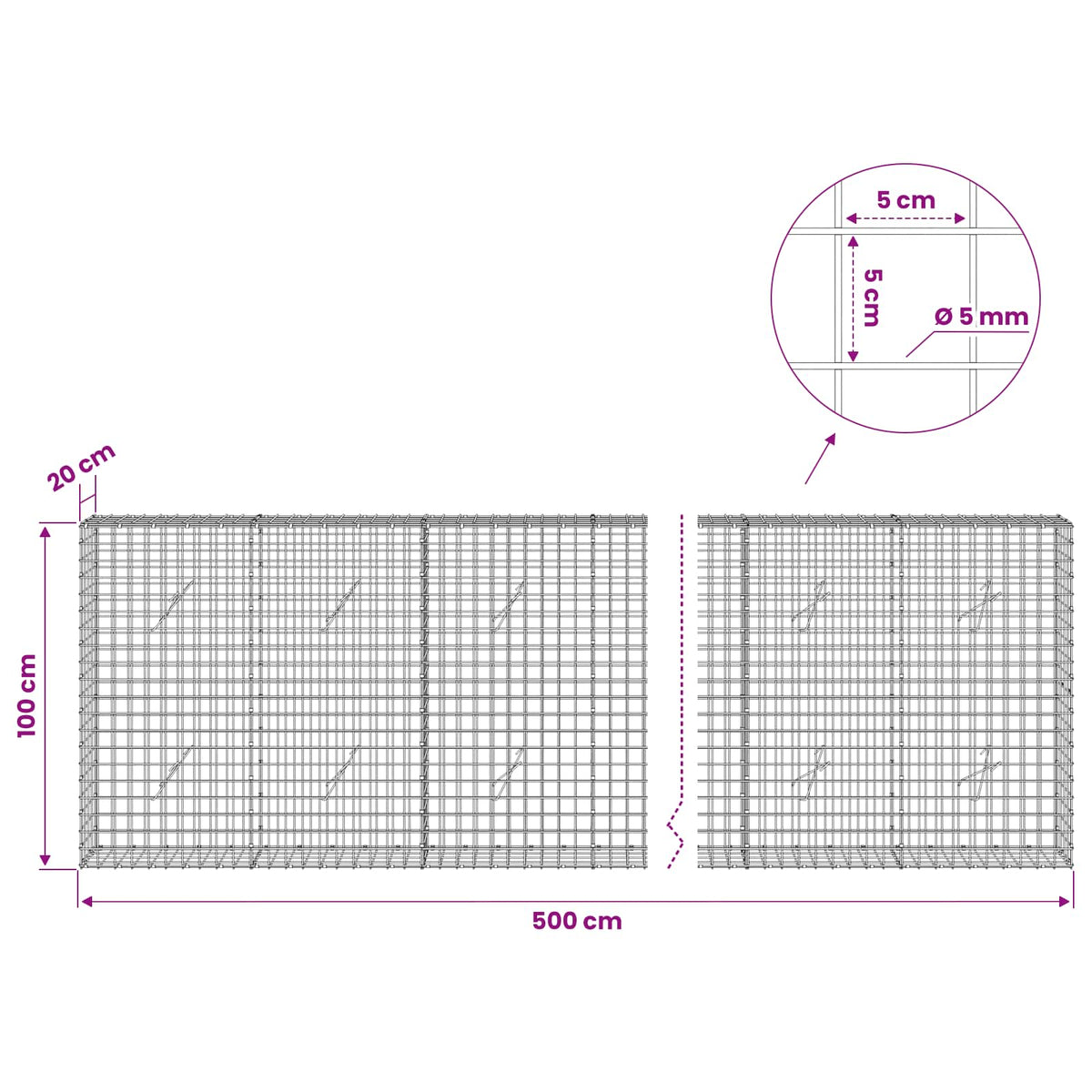 Gabion with 5 mm Wire and 5x5 cm Mesh 500x20x100 cm