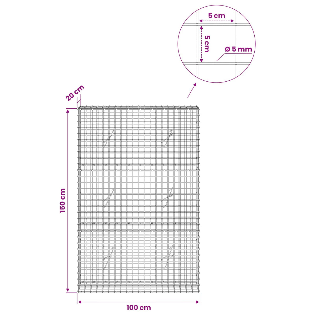Gabion with 5 mm Wire and 5x5 cm Mesh 100x20x150 cm