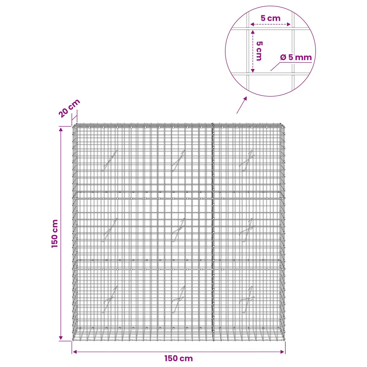 Gabion with 5 mm Wire and 5x5 cm Mesh 150x20x150 cm