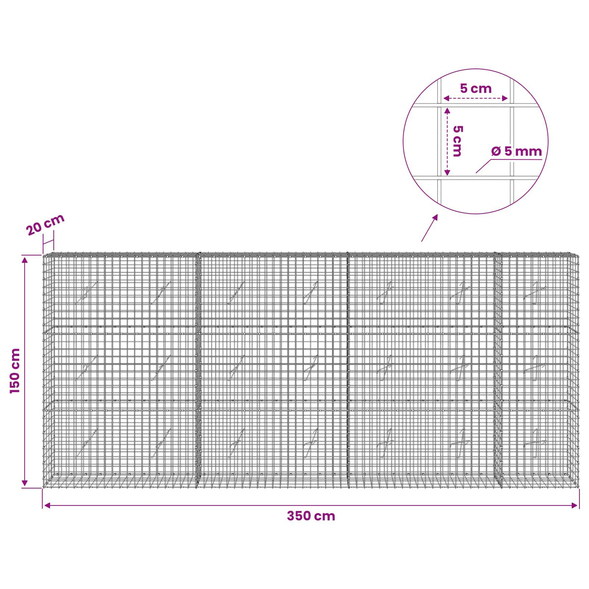 Gabion with 5 mm Wire and 5x5 cm Mesh 350x20x150 cm