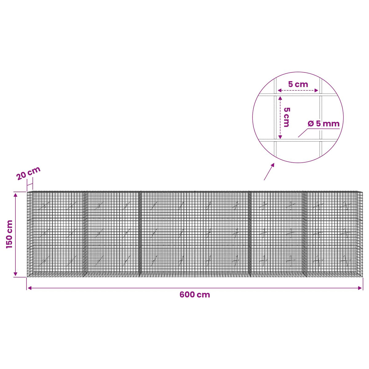 Gabion with 5 mm Wire and 5x5 cm Mesh 600x20x150 cm