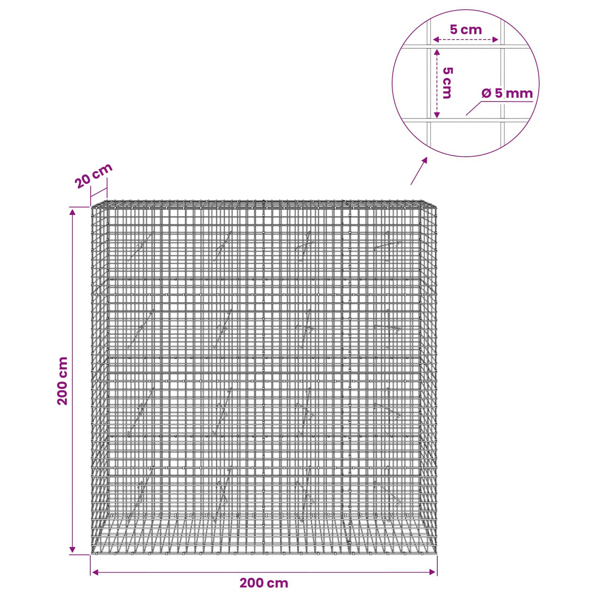 Gabion with 5 mm Wire and 5x5 cm Mesh 200x20x200 cm