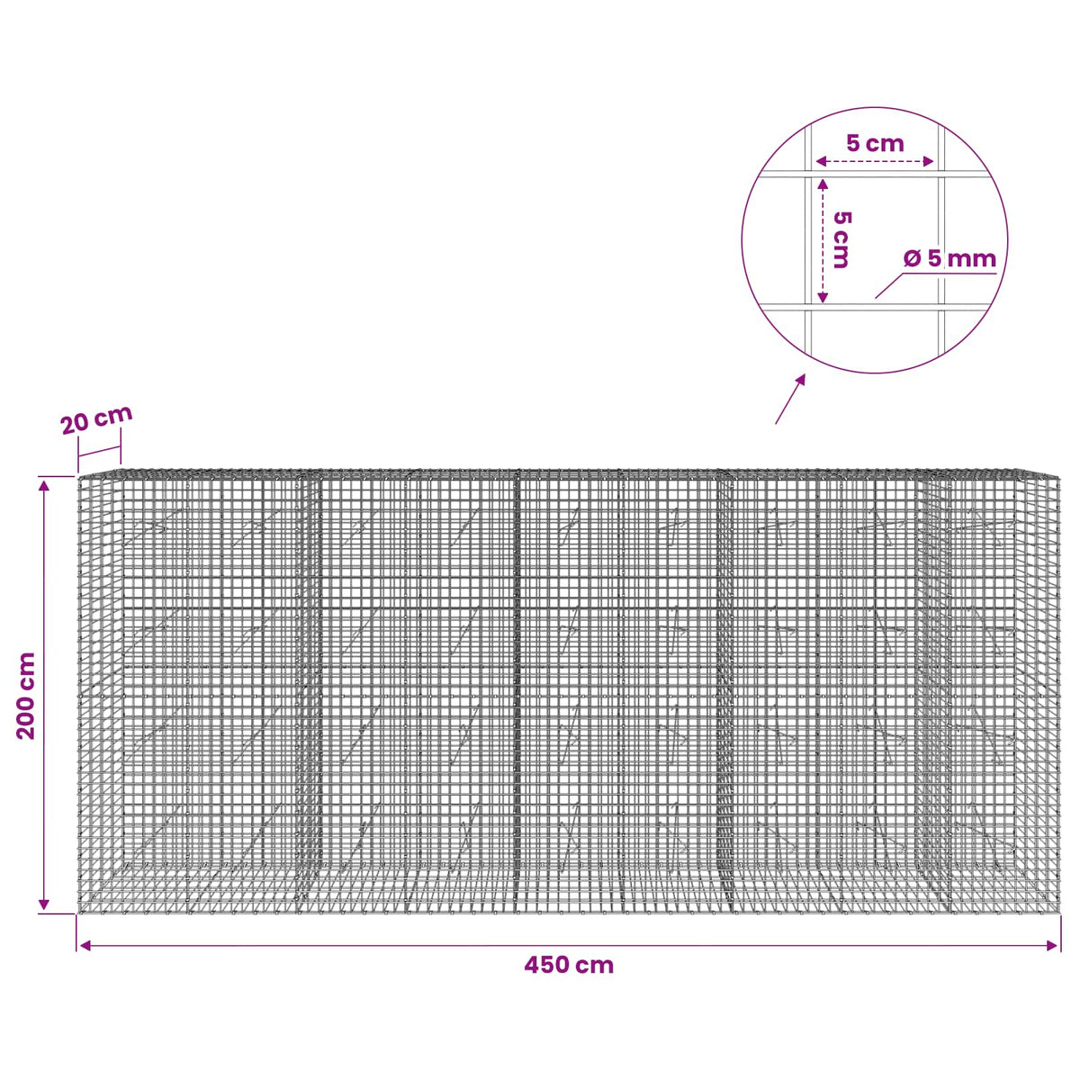 Gabion with 5 mm Wire and 5x5 cm Mesh 450x20x200 cm