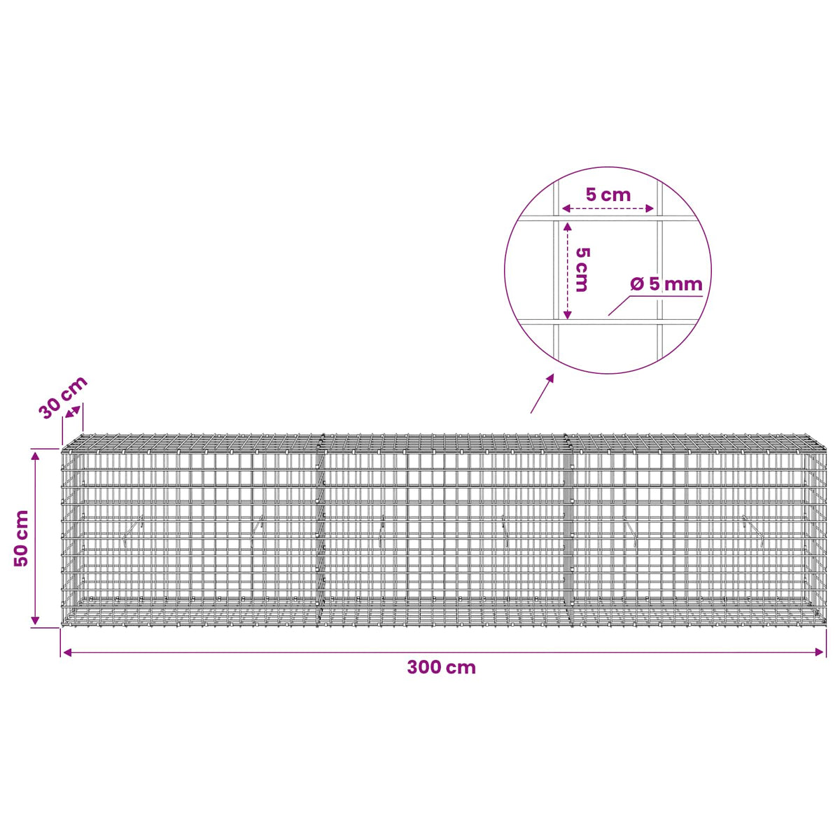 Gabion with 5 mm Wire and 5x5 cm Mesh 300x30x50 cm