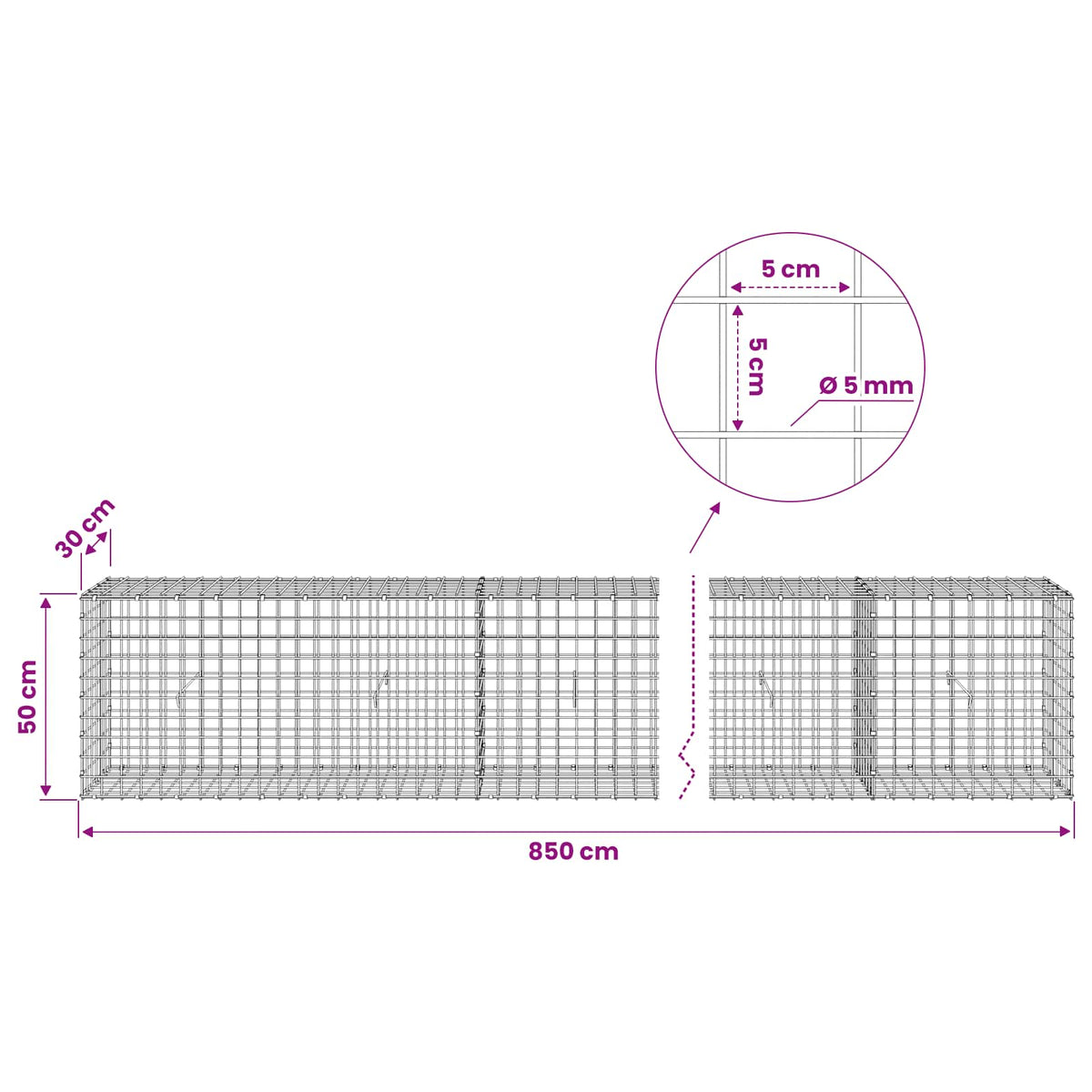 Gabion with 5 mm Wire and 5x5 cm Mesh 850x30x50 cm