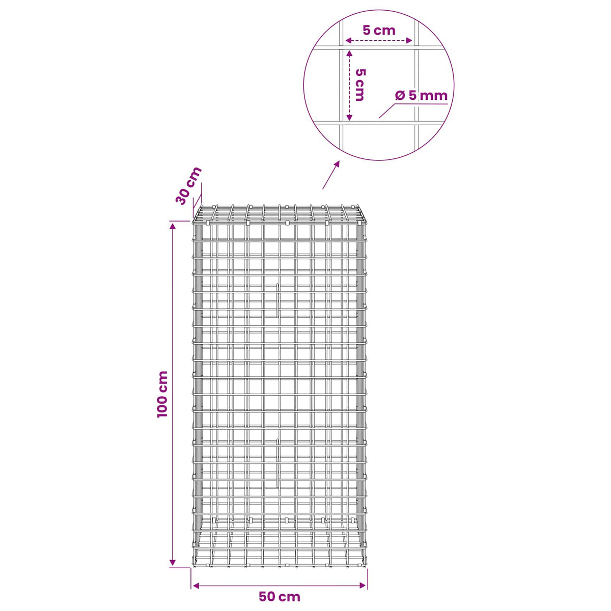 Gabion with 5 mm Wire and 5x5 cm Mesh 50x30x100 cm
