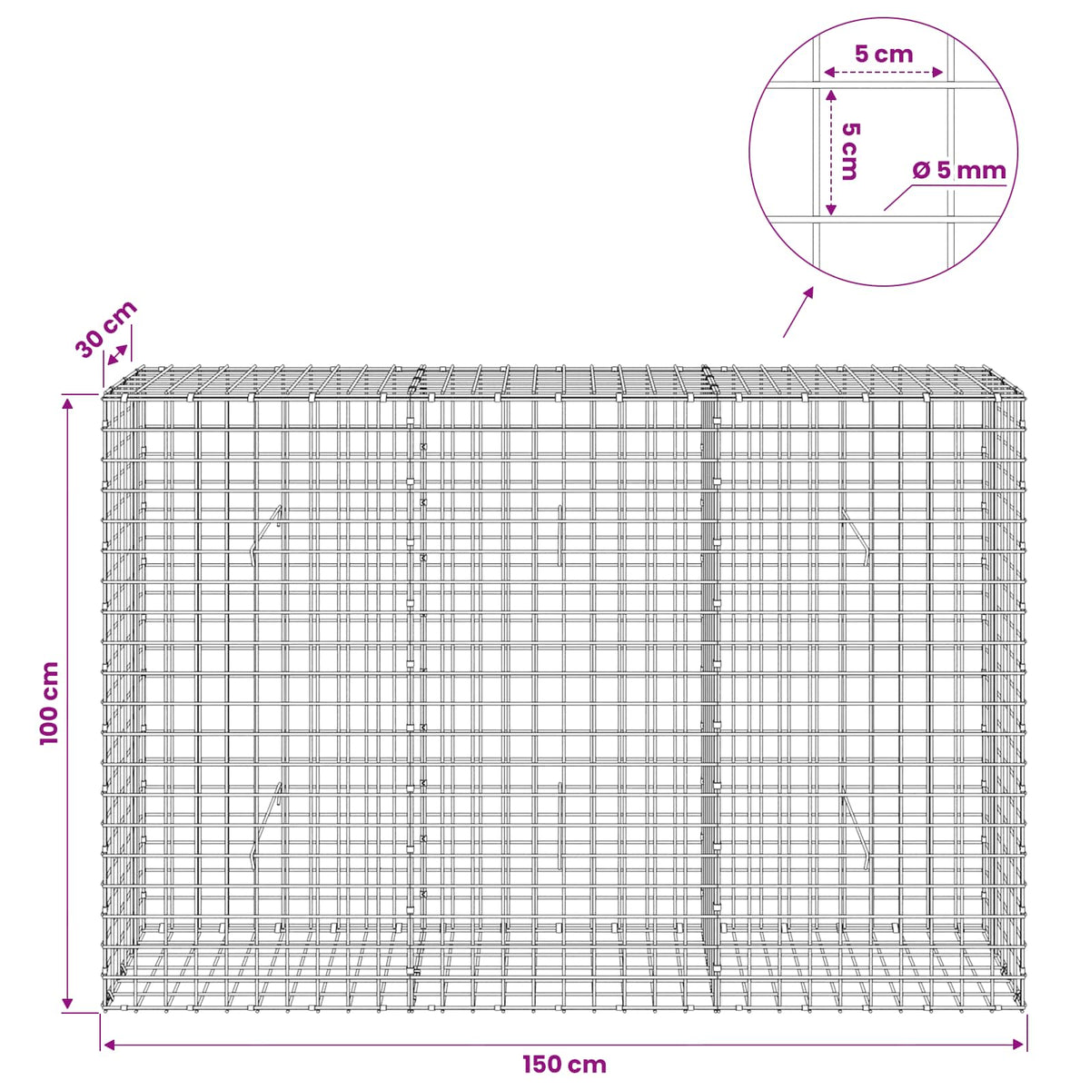 Gabion with 5 mm Wire and 5x5 cm Mesh 150x30x100 cm