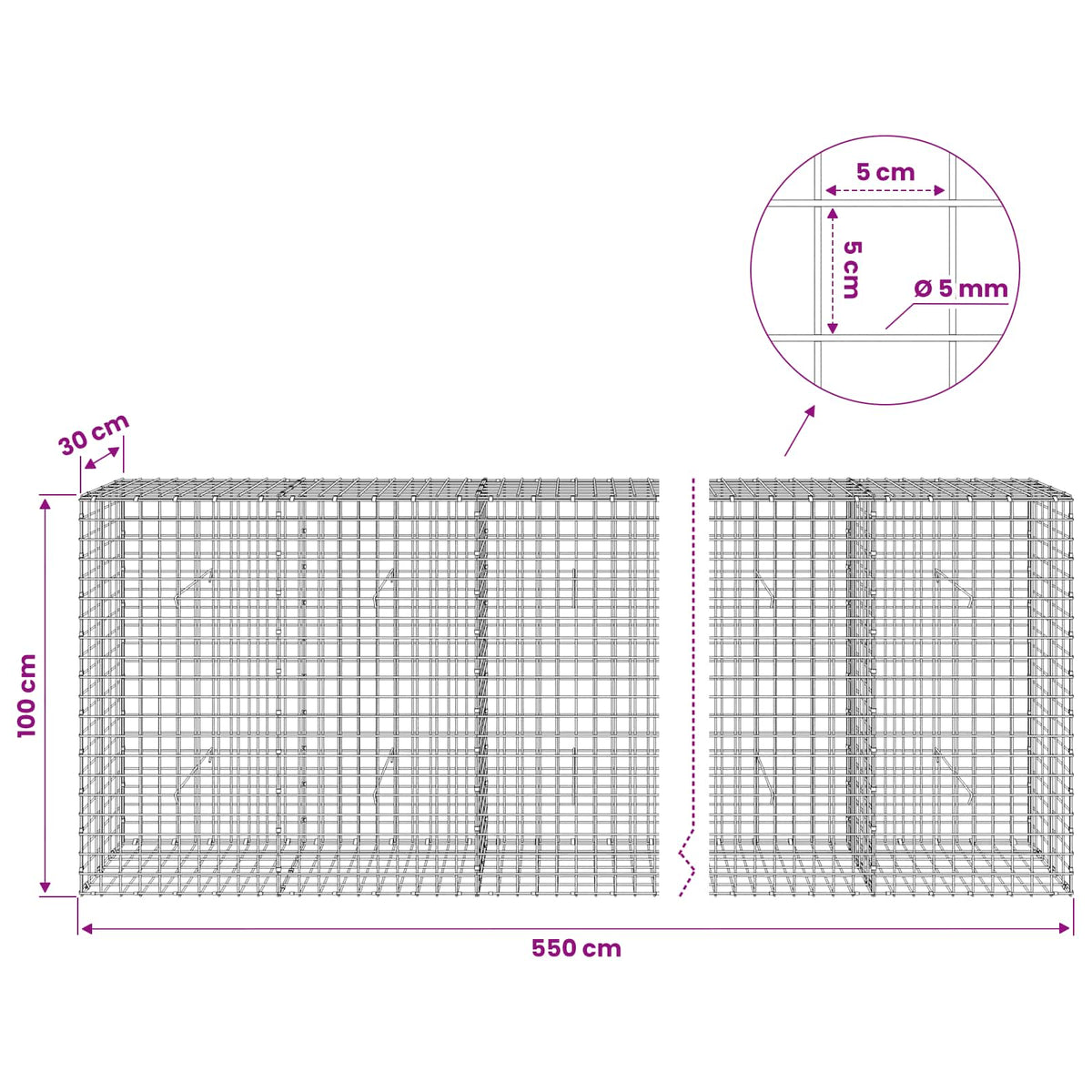 Gabion with 5 mm Wire and 5x5 cm Mesh 550x30x100 cm