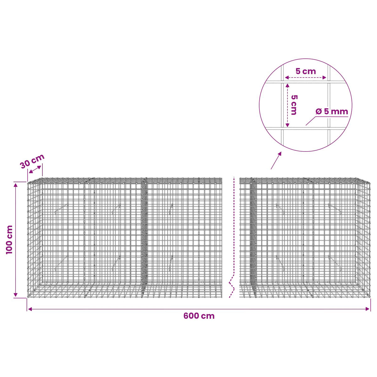 Gabion with 5 mm Wire and 5x5 cm Mesh 600x30x100 cm