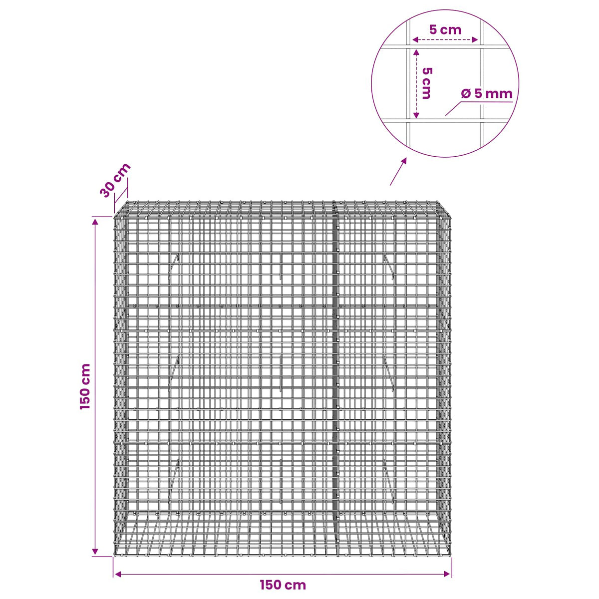 Gabion with 5 mm Wire and 5x5 cm Mesh 150x30x150 cm