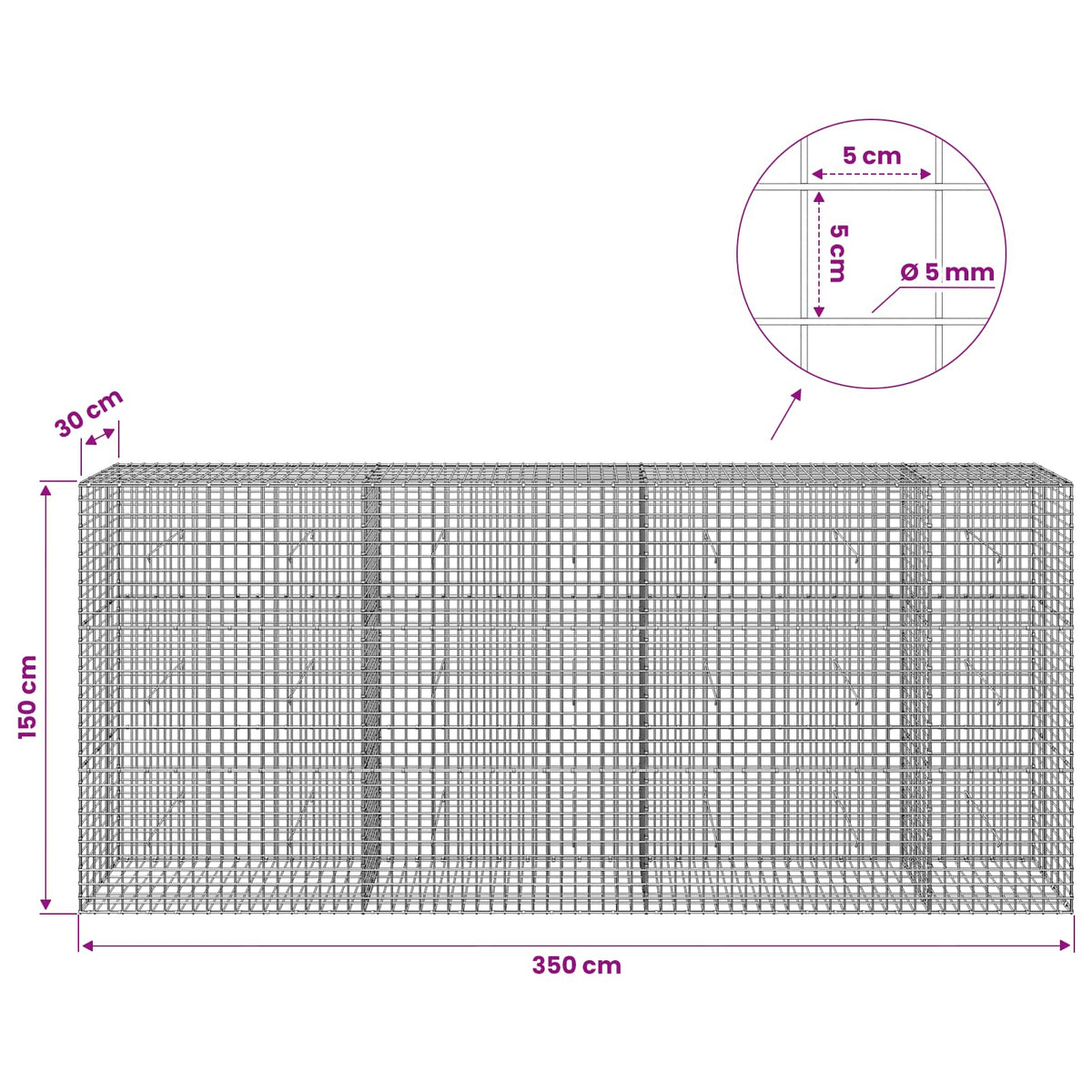 Gabion with 5 mm Wire and 5x5 cm Mesh 350x30x150 cm