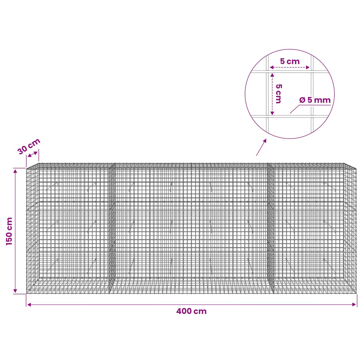 Gabion with 5 mm Wire and 5x5 cm Mesh 400x30x150 cm