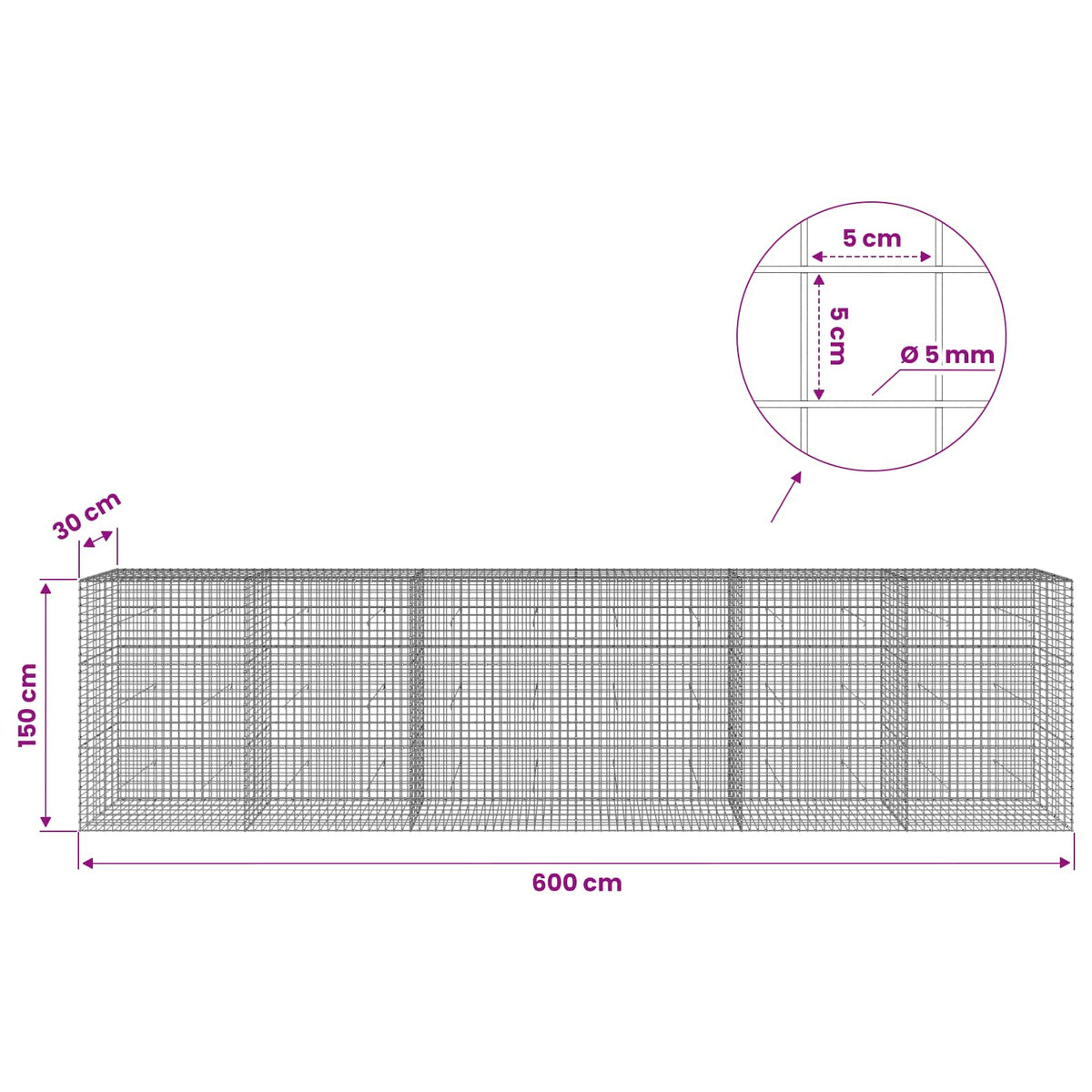 Gabion with 5 mm Wire and 5x5 cm Mesh 600x30x150 cm