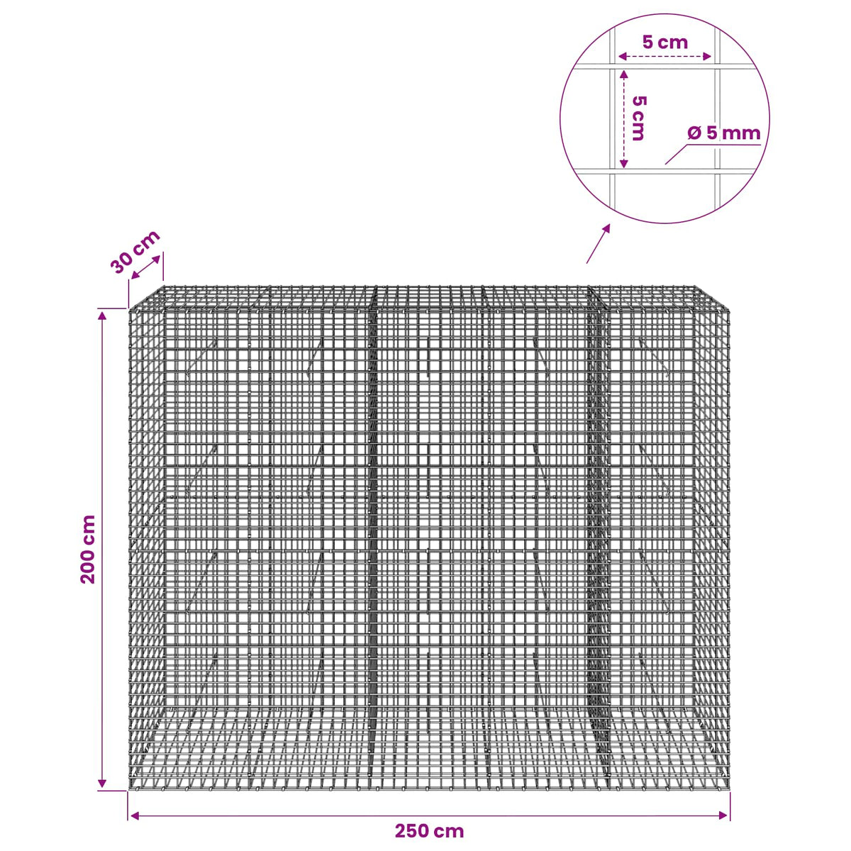 Gabion with 5 mm Wire and 5x5 cm Mesh 250x30x200 cm