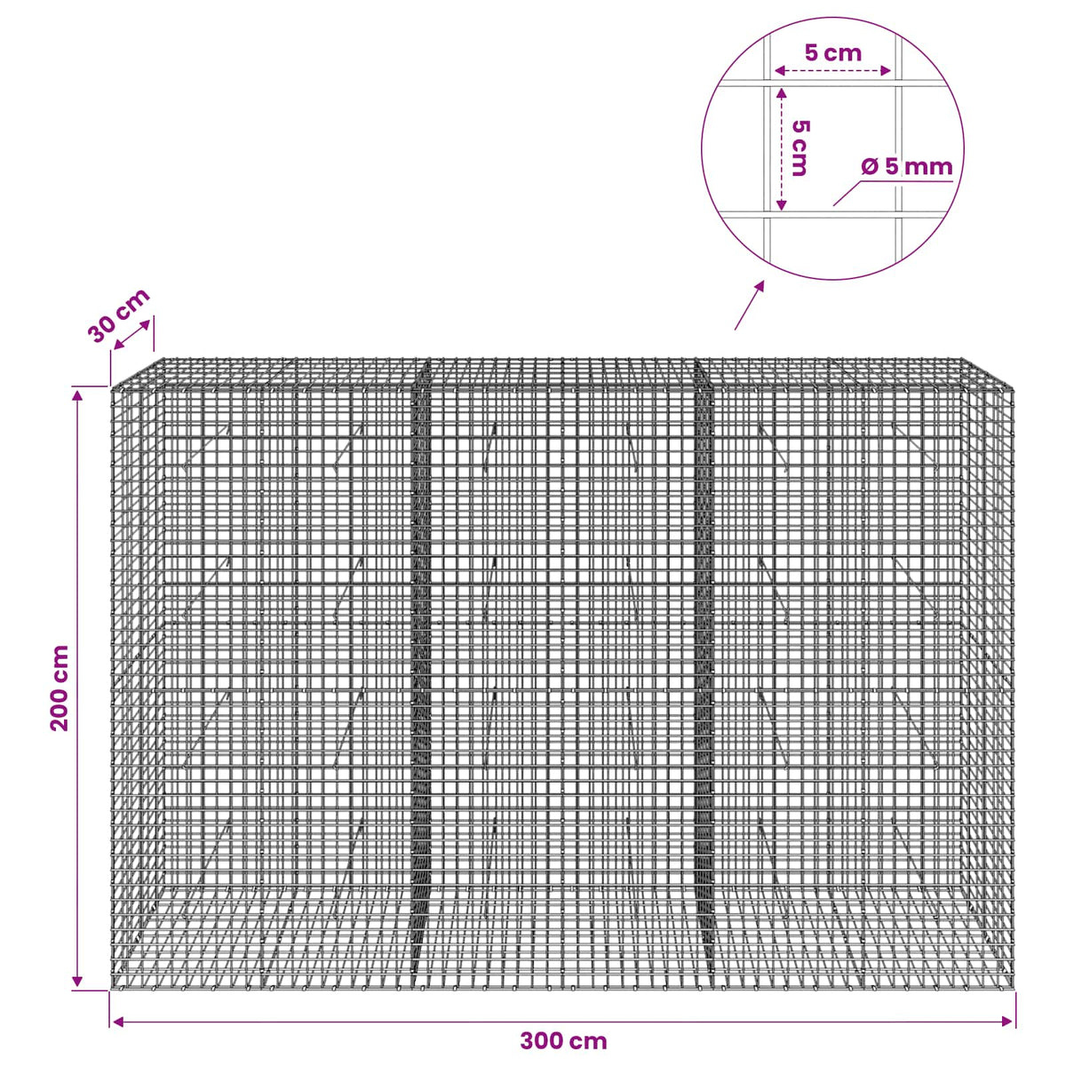 Gabion with 5 mm Wire and 5x5 cm Mesh 300x30x200 cm