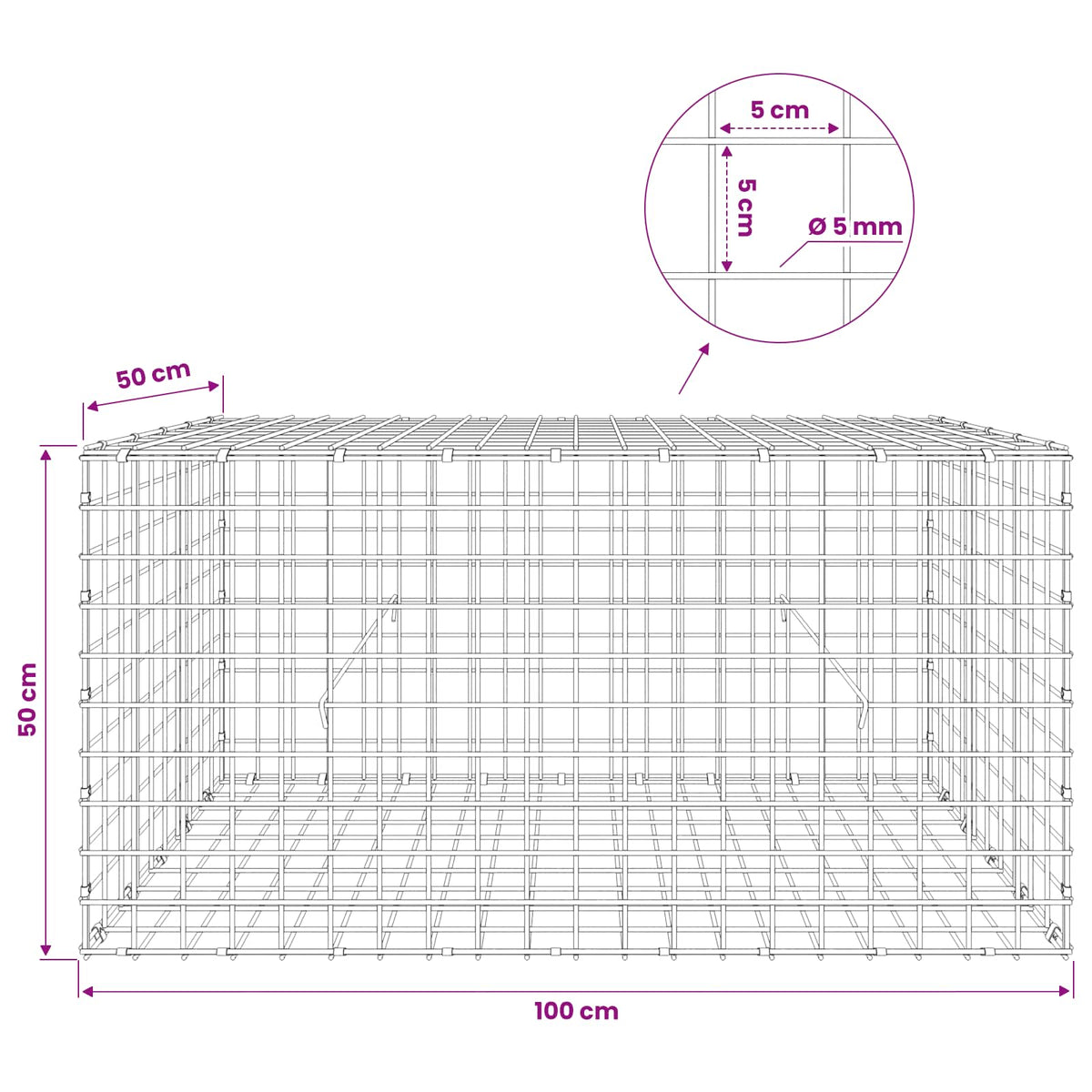 Gabion with 5 mm Wire and 5x5 cm Mesh 100x50x50 cm