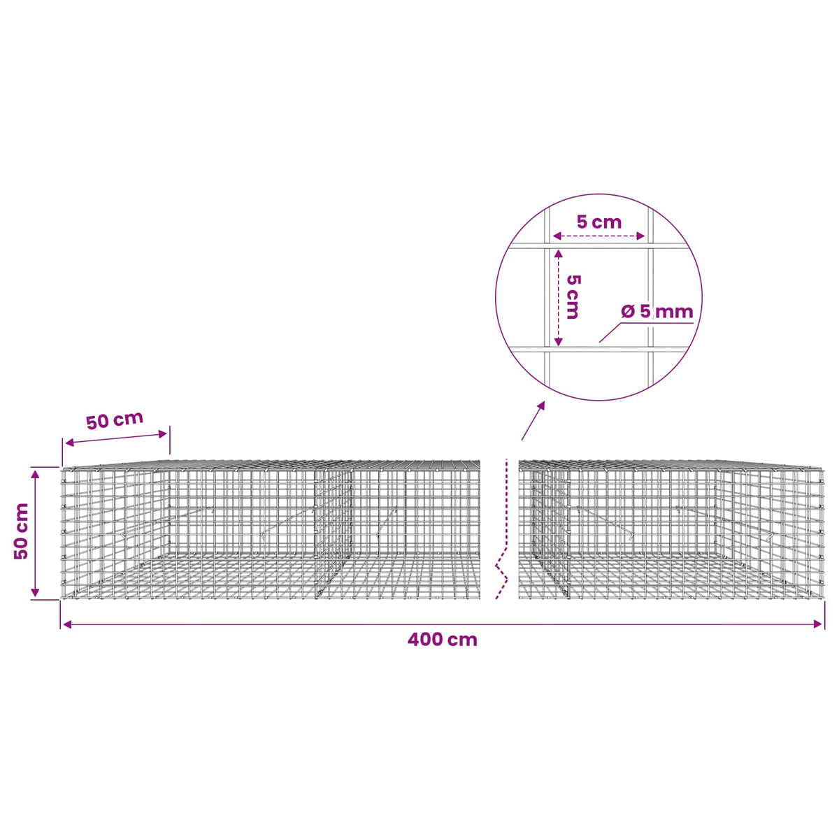 Gabion with 5 mm Wire and 5x5 cm Mesh 400x50x50 cm