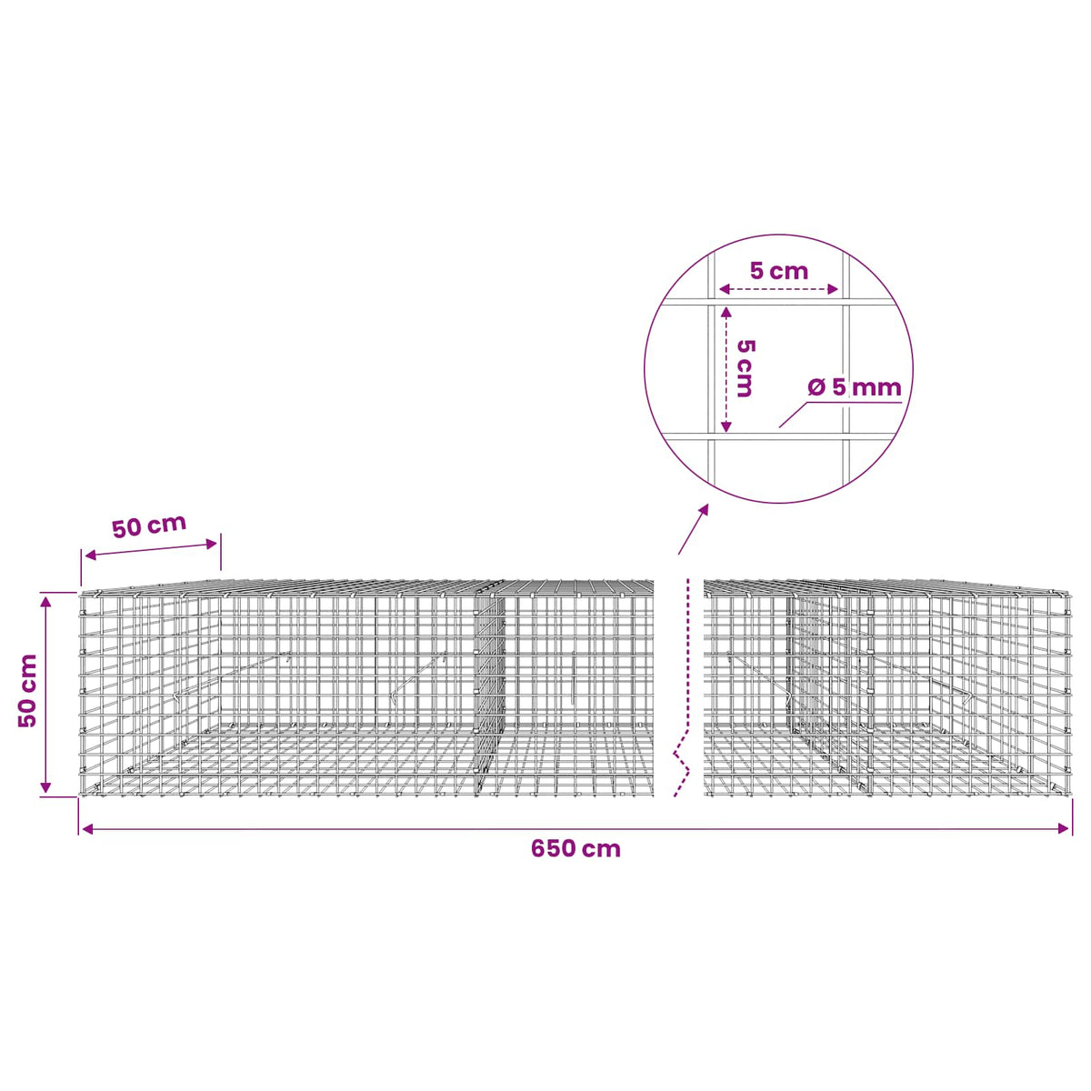 Gabion with 5 mm Wire and 5x5 cm Mesh 650x50x50 cm