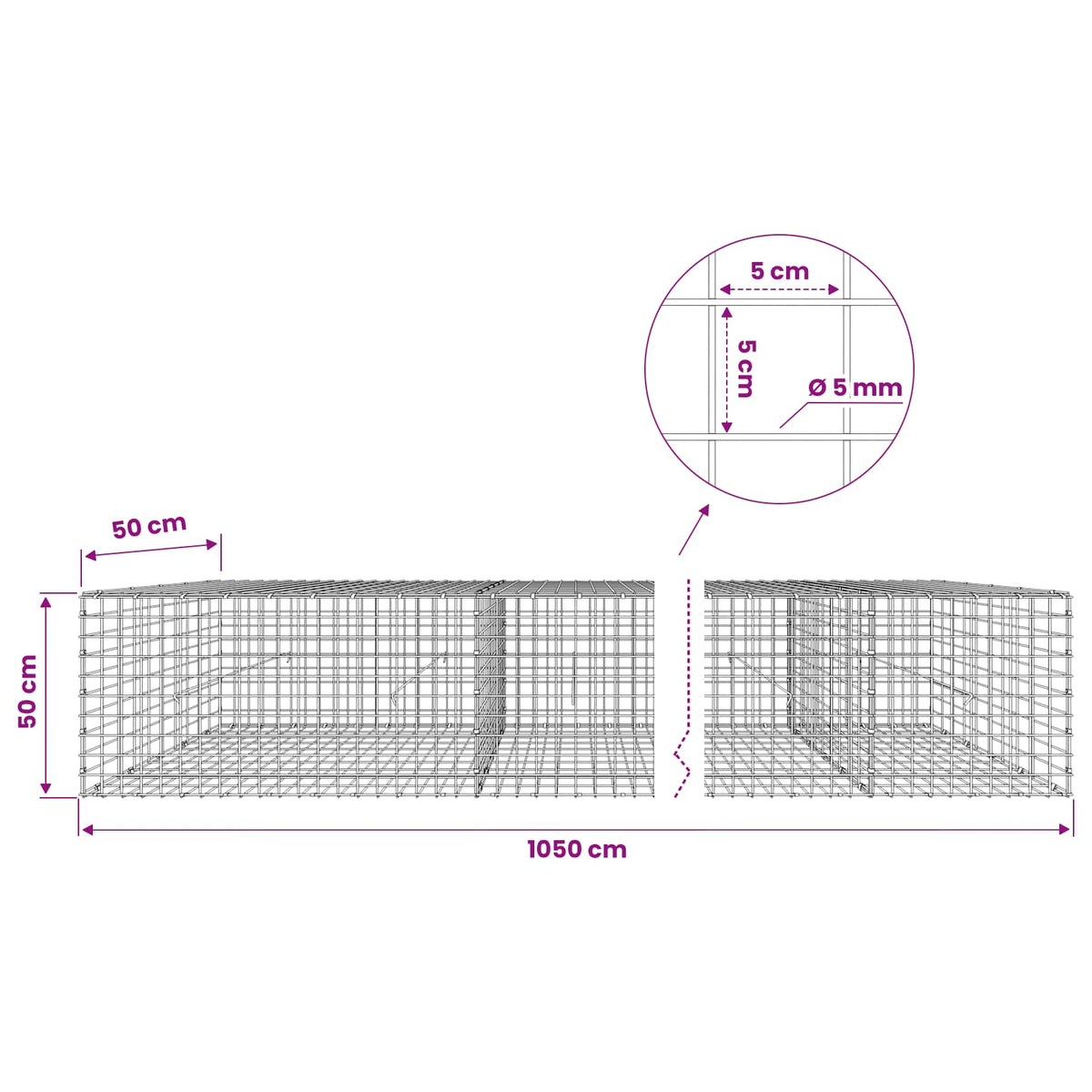 Gabion with 5 mm Wire and 5x5 cm Mesh 1050x50x50 cm