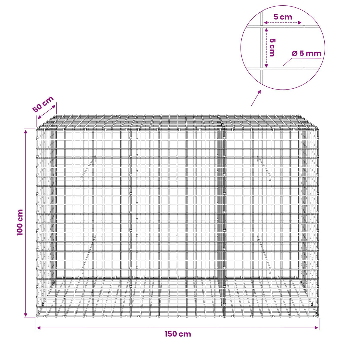Gabion with 5 mm Wire and 5x5 cm Mesh 150x50x100 cm