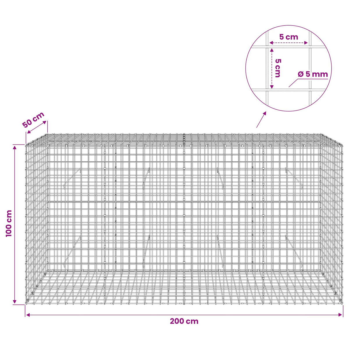 Gabion with 5 mm Wire and 5x5 cm Mesh 200x50x100 cm