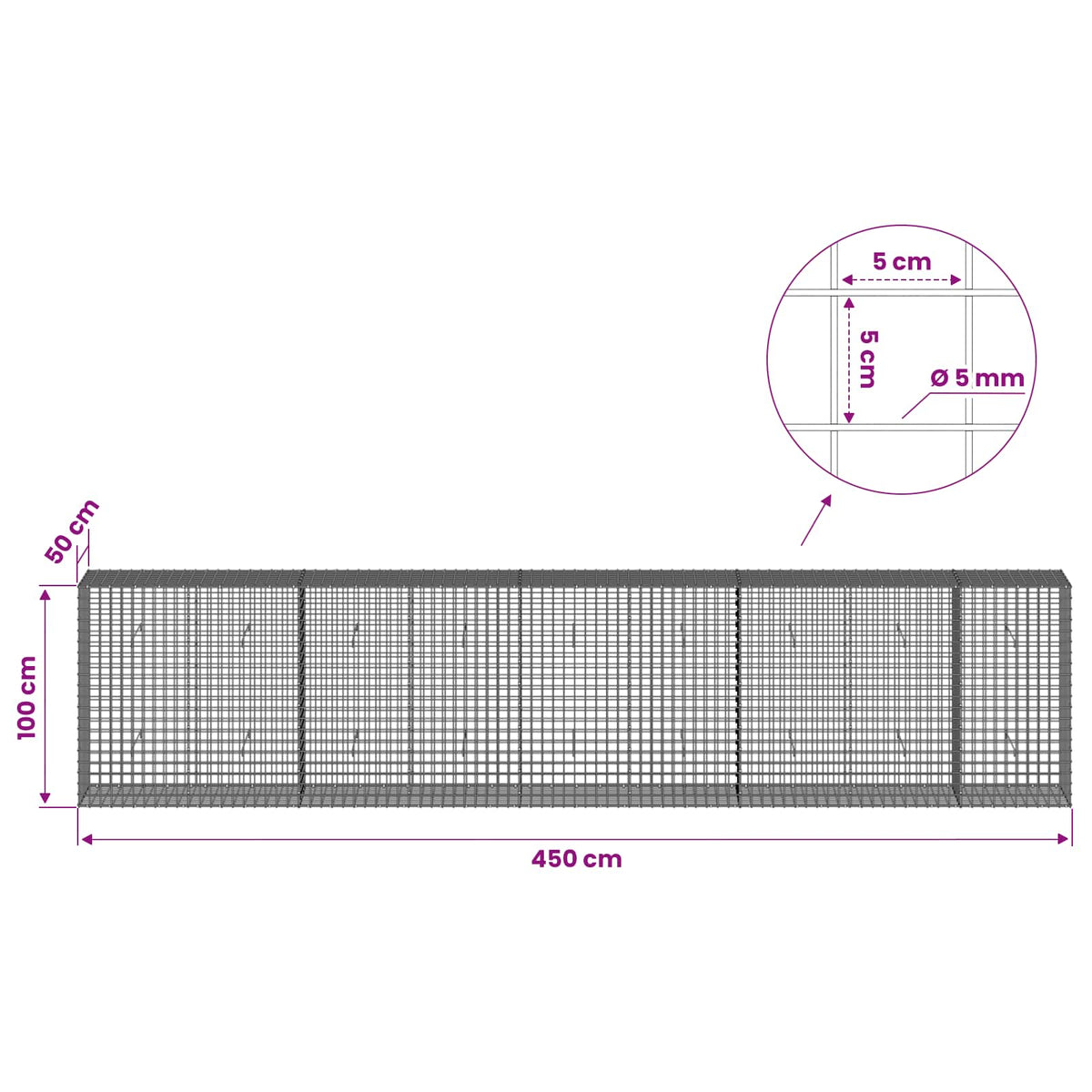 Gabion with 5 mm Wire and 5x5 cm Mesh 450x50x100 cm