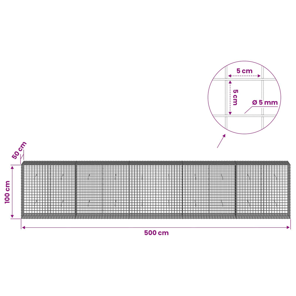 Gabion with 5 mm Wire and 5x5 cm Mesh 500x50x100 cm