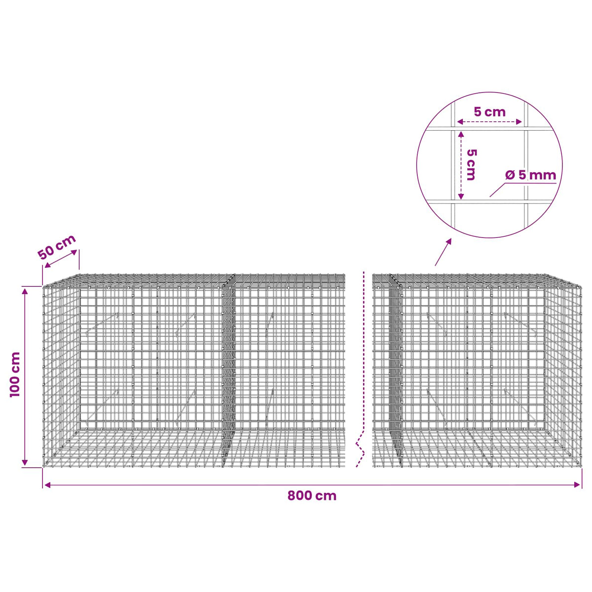 Gabion with 5 mm Wire and 5x5 cm Mesh 800x50x100 cm