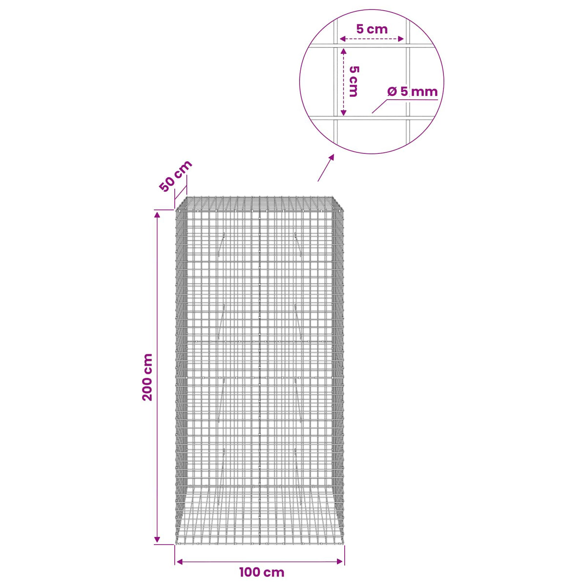 Gabion with 5 mm Wire and 5x5 cm Mesh 100x50x200 cm