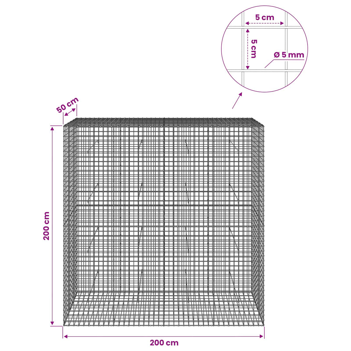 Gabion with 5 mm Wire and 5x5 cm Mesh 200x50x200 cm