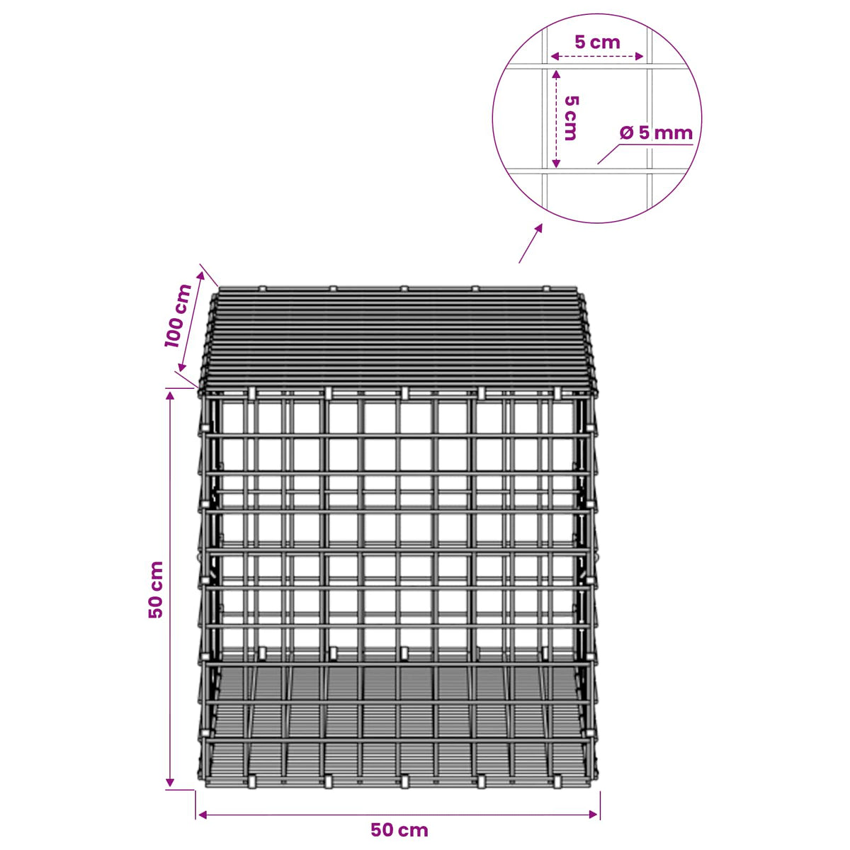 Gabion with 5 mm Wire and 5x5 cm Mesh 50x100x50 cm