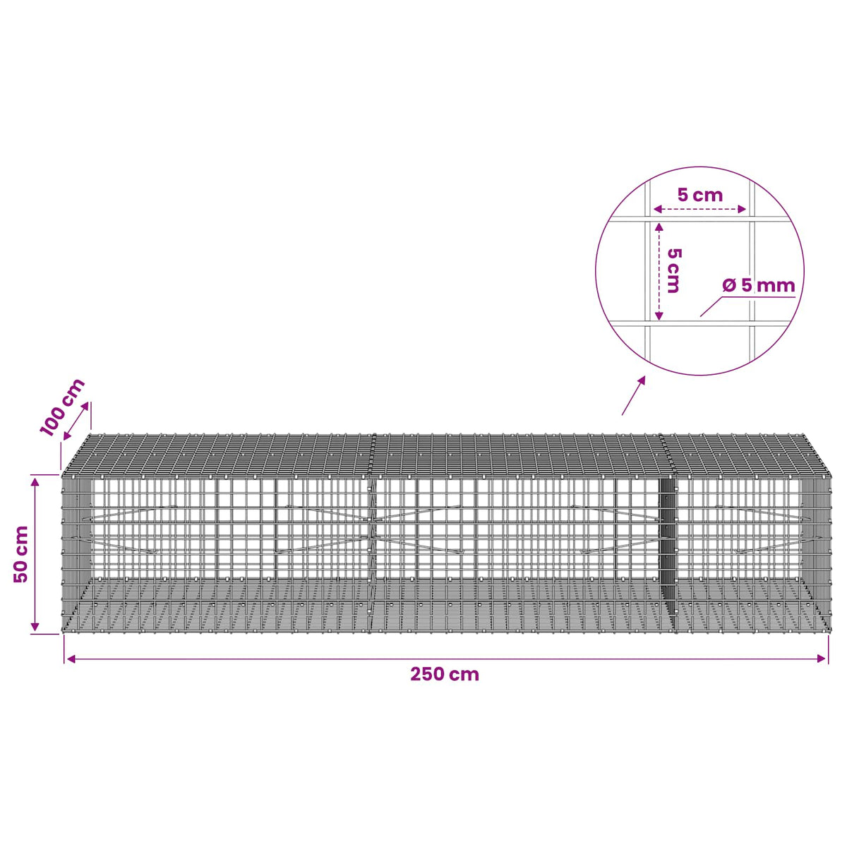 Gabion with 5 mm Wire and 5x5 cm Mesh 250x100x50 cm