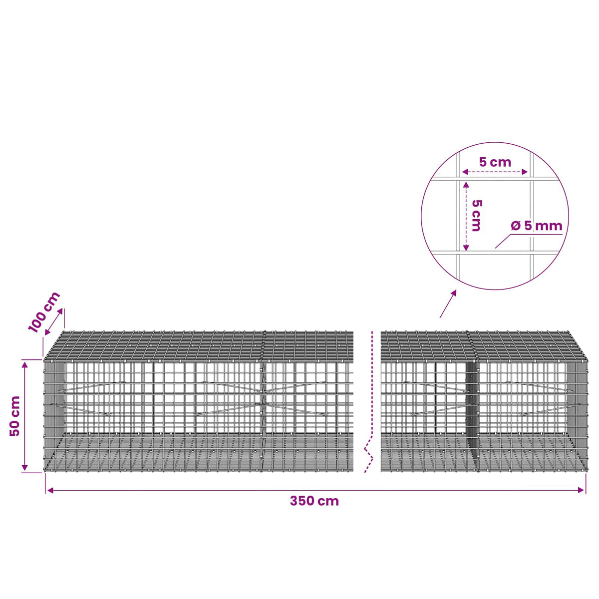 Gabion with 5 mm Wire and 5x5 cm Mesh 350x100x50 cm
