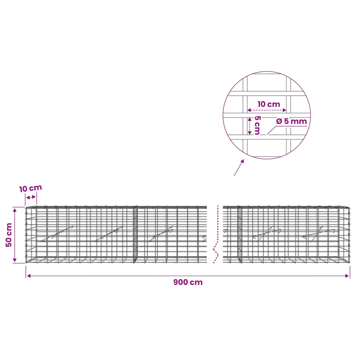 Gabion with 5 mm Wire and 5x10 cm Mesh 900x10x50 cm