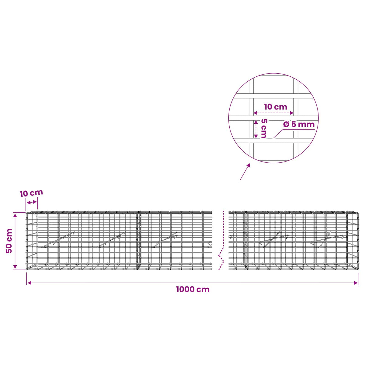 Gabion with 5 mm Wire and 5x10 cm Mesh 1000x10x50 cm