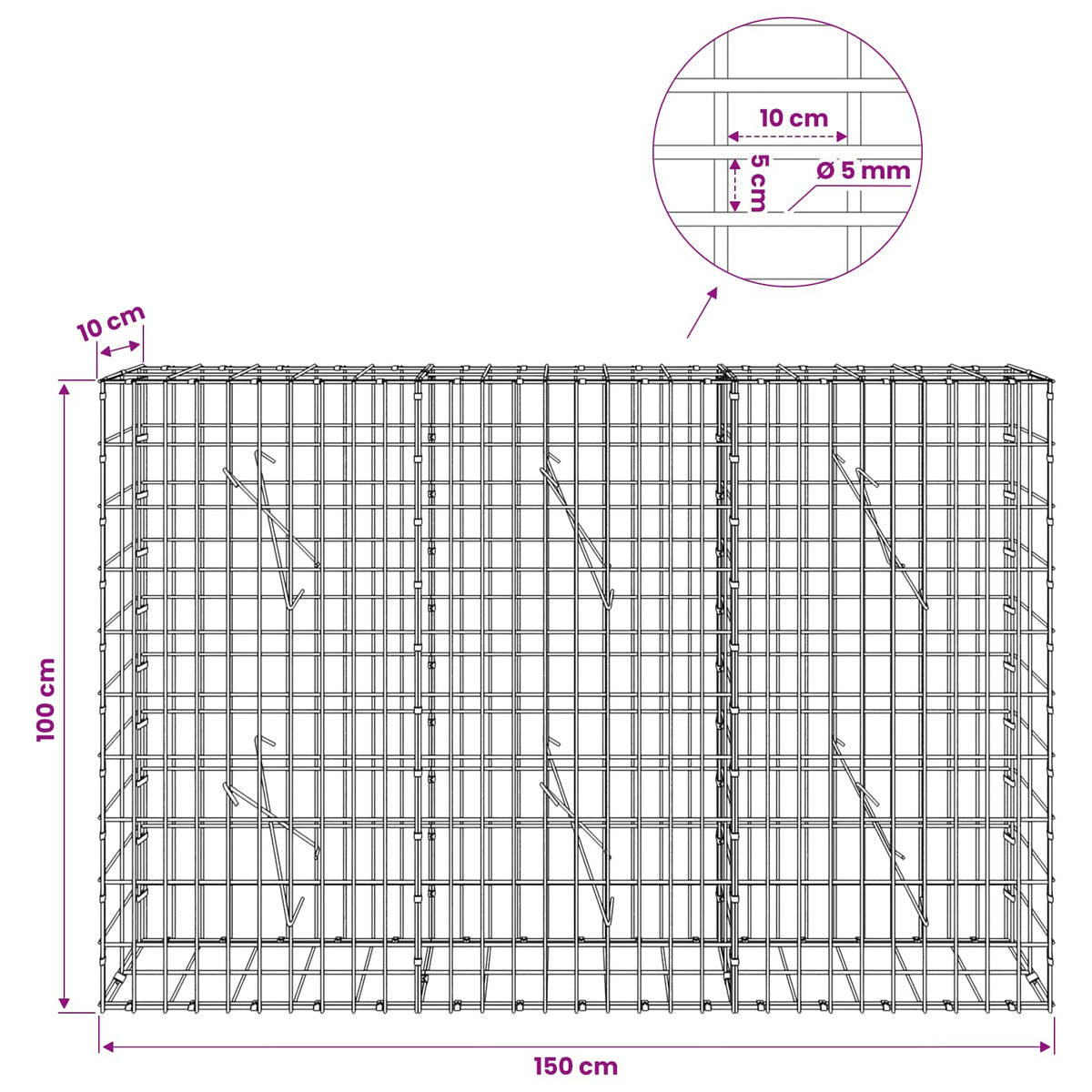 Gabion with 5 mm Wire and 5x10 cm Mesh 150x10x100 cm