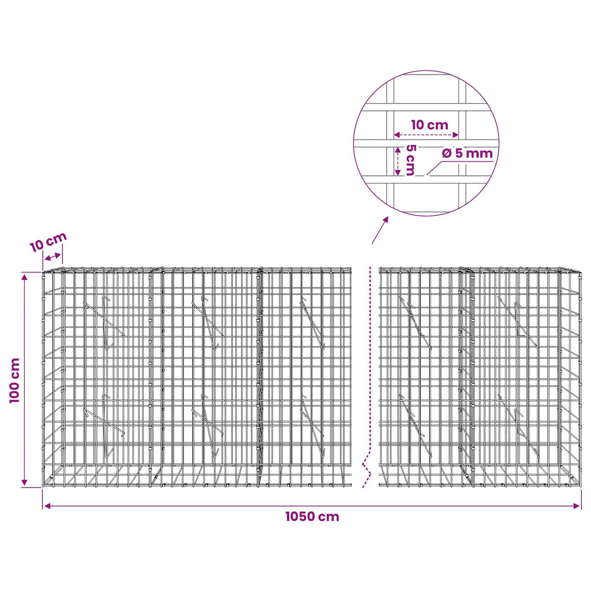Gabion with 5 mm Wire and 5x10 cm Mesh 1050x10x100 cm