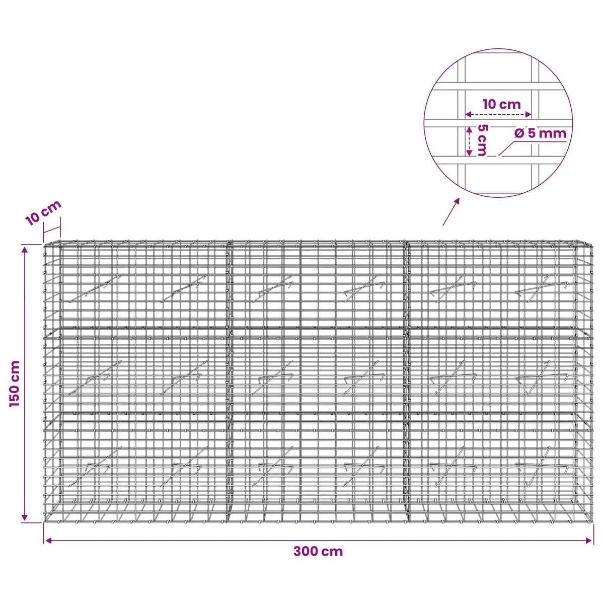 Gabion with 5 mm Wire and 5x10 cm Mesh 300x10x150 cm