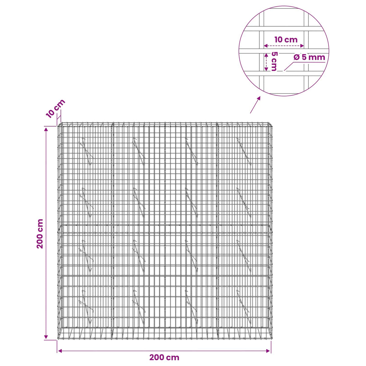 Gabion with 5 mm Wire and 5x10 cm Mesh 200x10x200 cm
