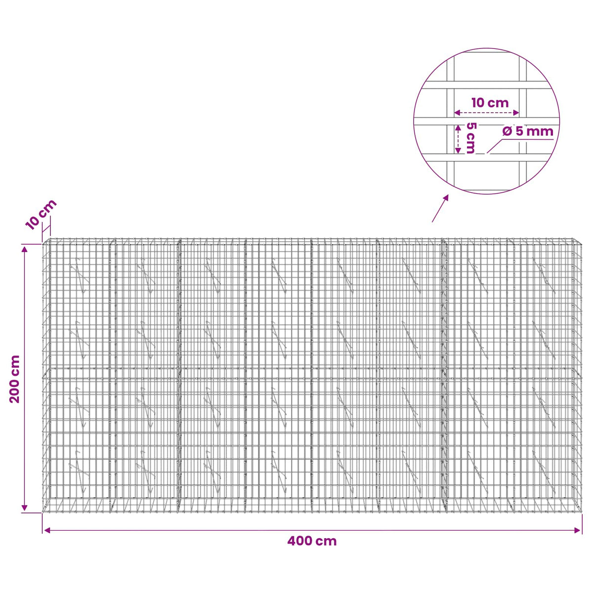 Gabion with 5 mm Wire and 5x10 cm Mesh 400x10x200 cm