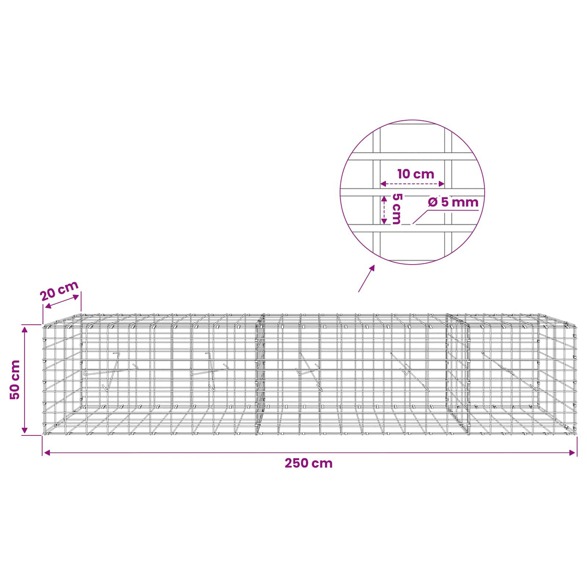 Gabion with 5 mm Wire and 5x10 cm Mesh 250x20x50 cm