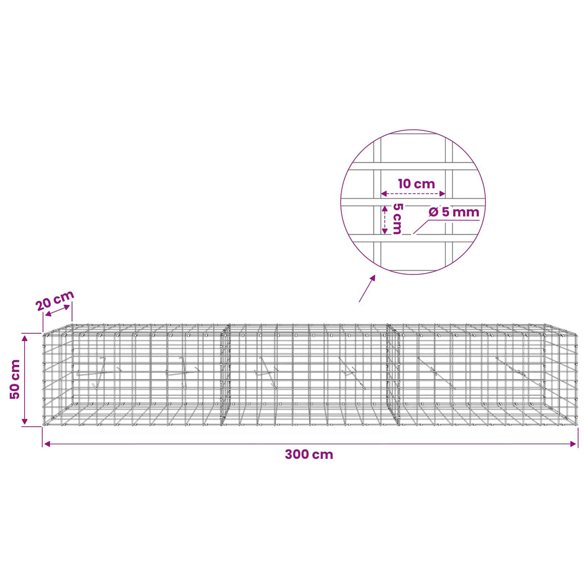 Gabion with 5 mm Wire and 5x10 cm Mesh 300x20x50 cm