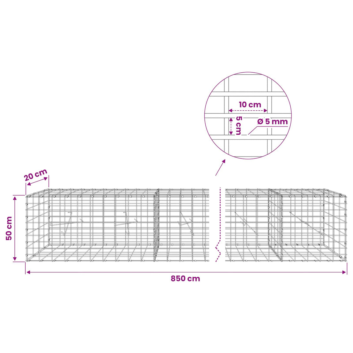 Gabion with 5 mm Wire and 5x10 cm Mesh 850x20x50 cm