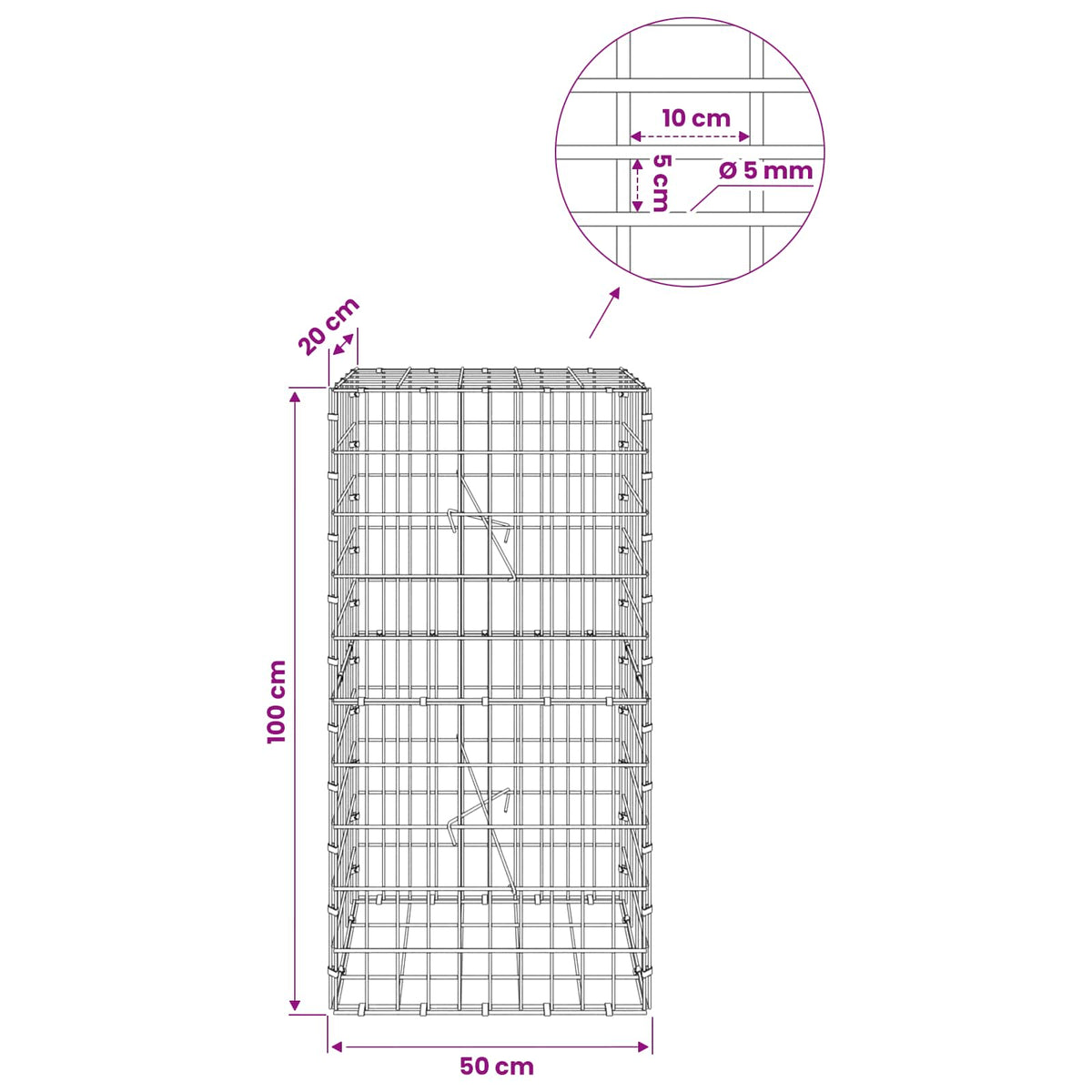 Gabion with 5 mm Wire and 5x10 cm Mesh 50x20x100 cm