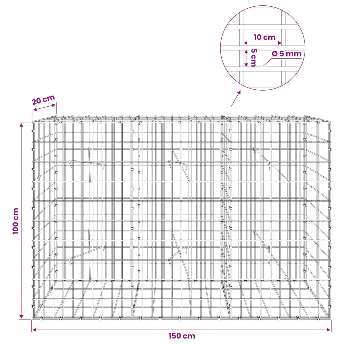 Gabion with 5 mm Wire and 5x10 cm Mesh 150x20x100 cm