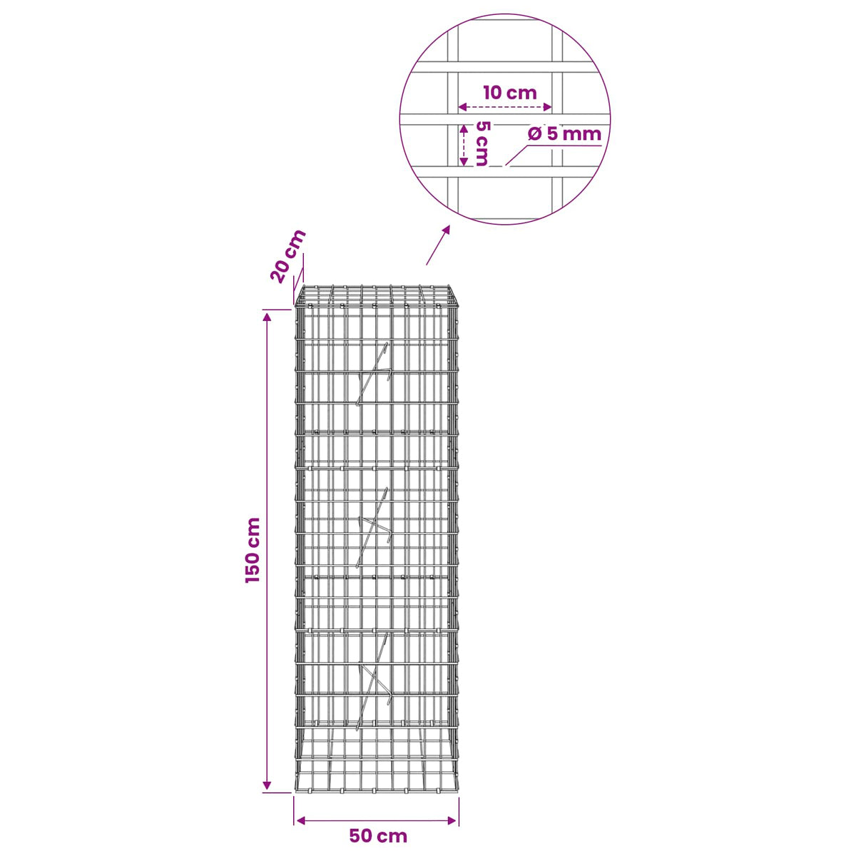 Gabion with 5 mm Wire and 5x10 cm Mesh 50x20x150 cm