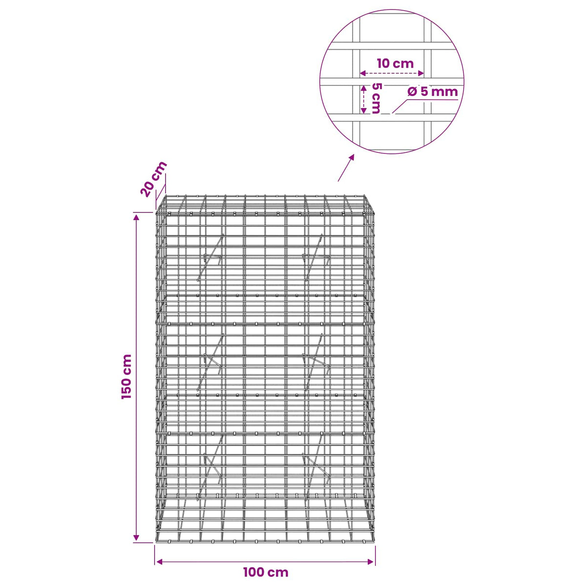 Gabion with 5 mm Wire and 5x10 cm Mesh 100x20x150 cm