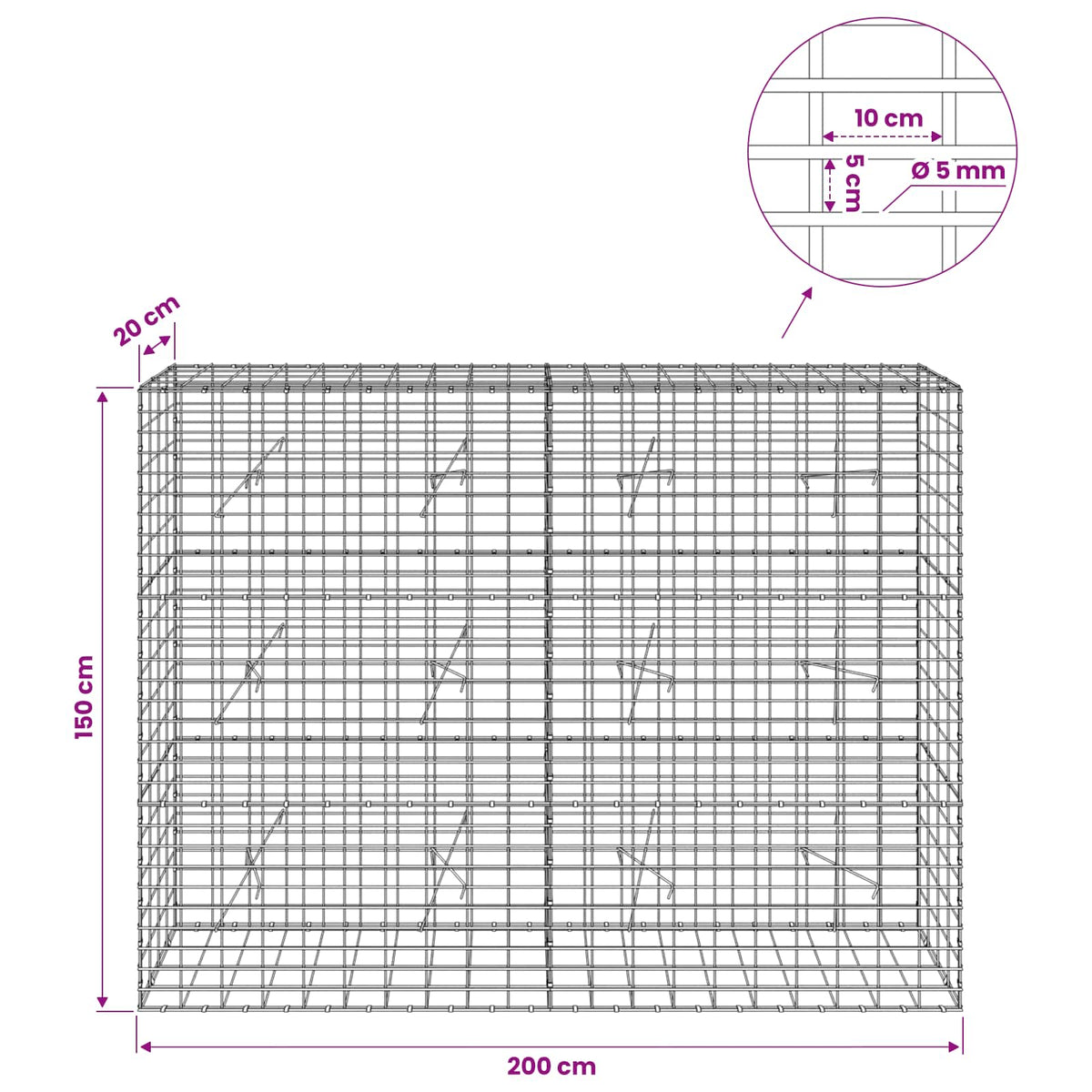 Gabion with 5 mm Wire and 5x10 cm Mesh 200x20x150 cm